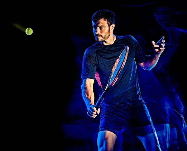 Jogador de tênis homem luz pintura isolado fundo preto — Fotografia de Stock
