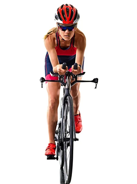 여성 트라이 애슬론 선수 아이언 맨 선수 사이클 자전거 고립 된 흰색 배경 — 스톡 사진