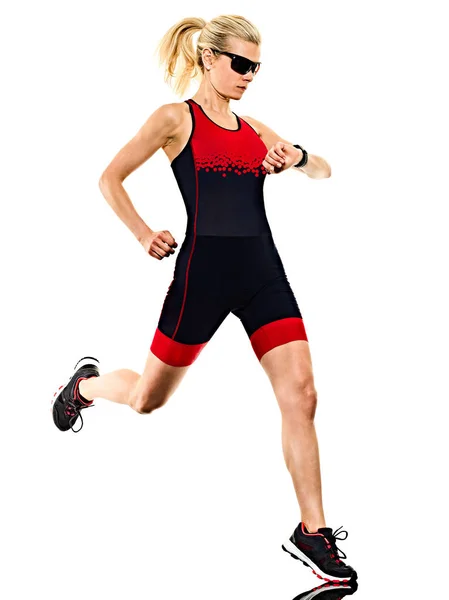 Triathletin Ironman-Läuferin läuft isoliert weißen Hintergrund — Stockfoto