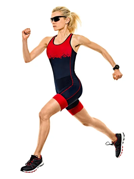 Nő triatlon triatlonban Ironman Runner futás elszigetelt fehér háttér — Stock Fotó