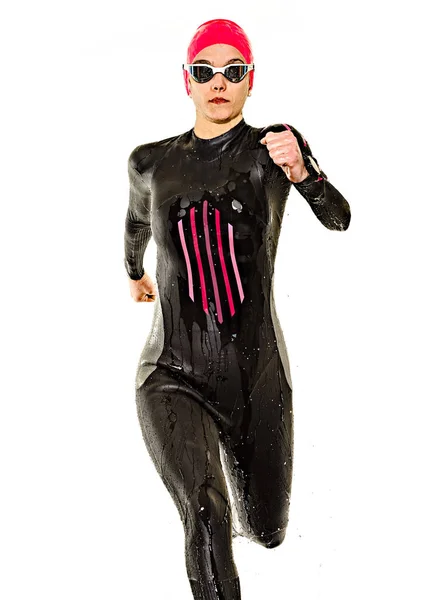 Woman triathlon triathlete ironman swimmer swimming swimsuit isolated white background — Stock Photo, Image