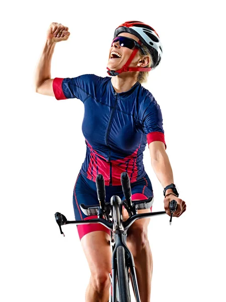 女性トライアスロントライアスロン選手アイアンマンアスリートサイクリストサイクリング孤立した白の背景 — ストック写真