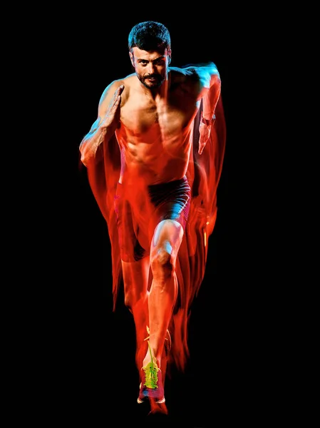 Hombre musculoso en topless corredor. running jogger jogging aislado negro fondo — Foto de Stock