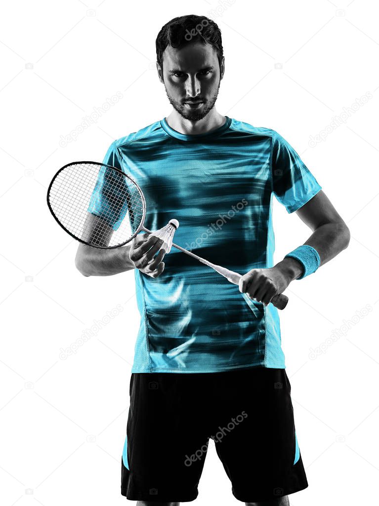 Badminton player man shadow silhouette isolated white background