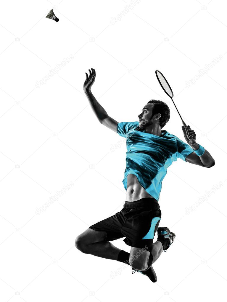 Badminton player man shadow silhouette isolated white background