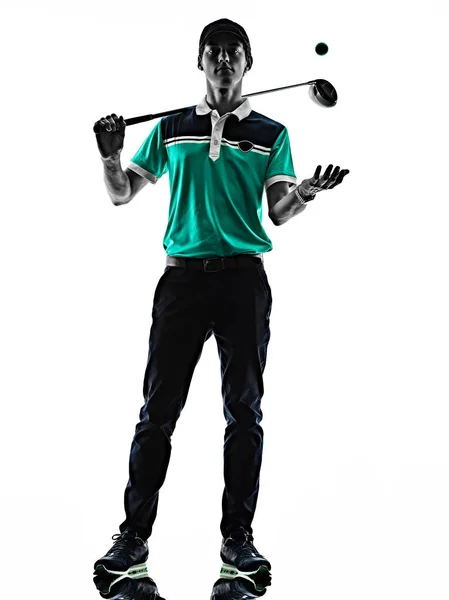 Mann Golf Golfer Golf isoliert Schatten Silhouette weißer Hintergrund — Stockfoto
