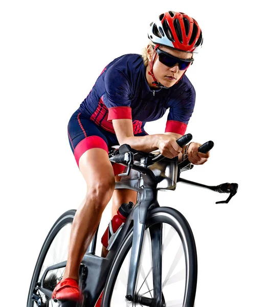 Woman triathlon triathlete ironman athlete cyclist cycling isolated white background — Stock Photo, Image