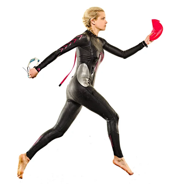 Ženská triatlon triatlet Ironmanu plavec Plaveck plavky izolovaný bílý pozadí — Stock fotografie