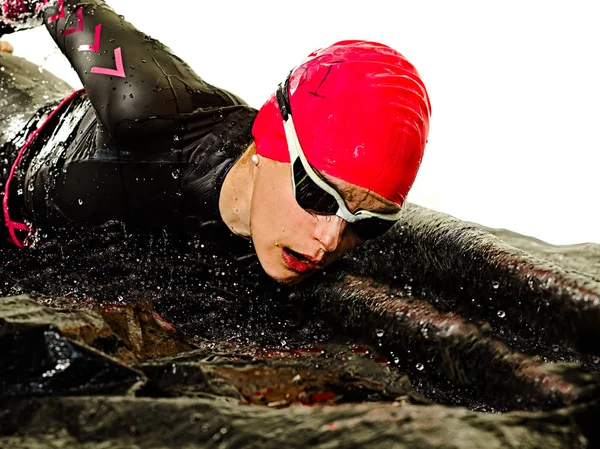 Женщина триатлон триатлон железный человек пловец купальник купальник изолированный белый фон — стоковое фото