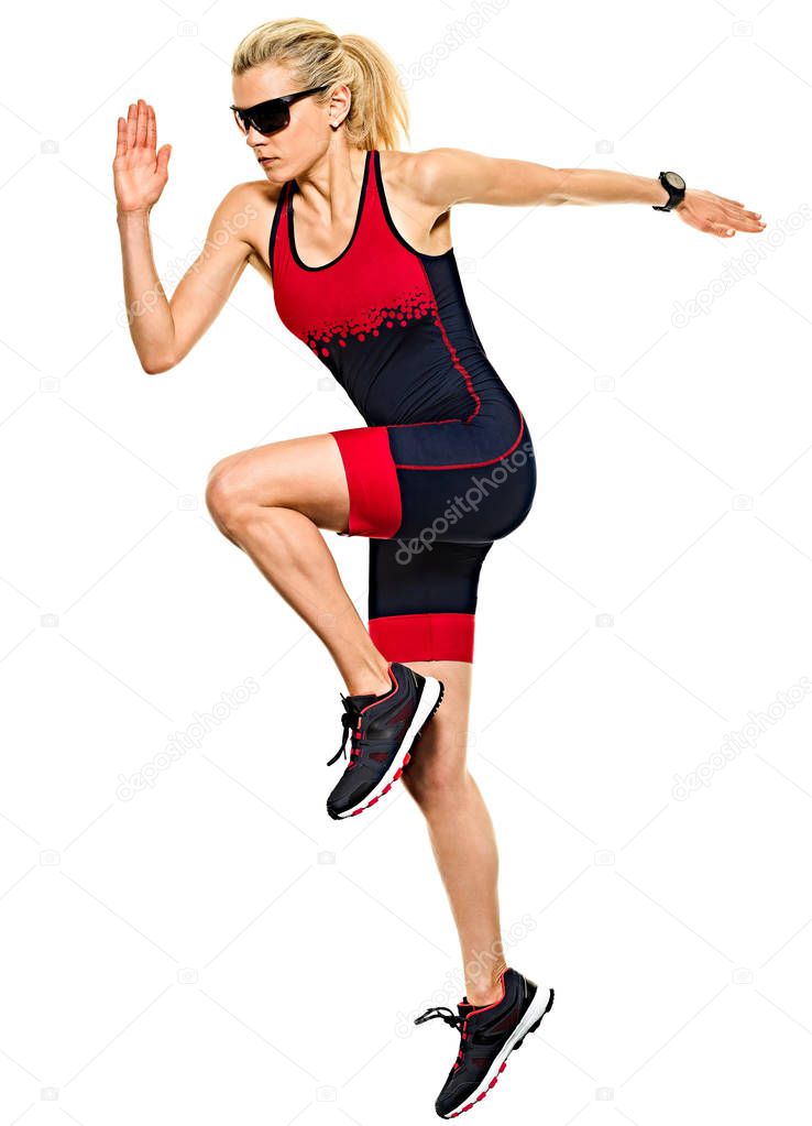 woman triathlon triathlete ironman runner running isolated white background