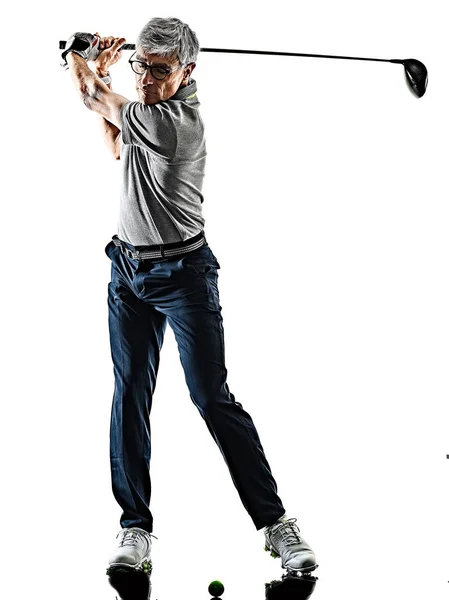 Ανώτερος άνθρωπος παίχτης του γκολφ γκολφ σκιά σιλουέτα απομονωμένη λευκό φόντο — Φωτογραφία Αρχείου