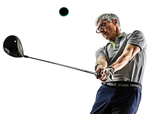 Senior man golfer golfen schaduw silhouet geïsoleerd witte achtergrond Rechtenvrije Stockafbeeldingen