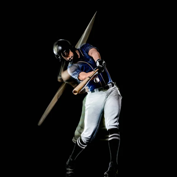 Jugador de béisbol hombre aislado negro fondo luz pintura —  Fotos de Stock