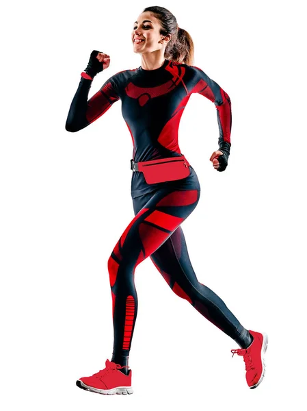 Žena běžec běh jogger jogging kombinéza izolované bílé pozadí — Stock fotografie