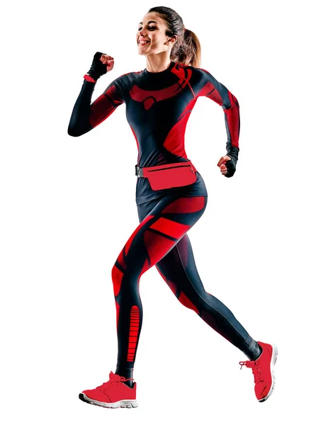 Vrouw runner hardlopen jogger joggen jumpsuit geïsoleerde wit achtergrond — Stockfoto