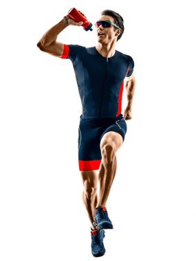 Triatlon koşucusu silueti çalıştırıyor izole edilmiş beyaz arkaplan