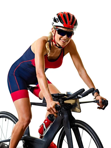 Γυναίκα τρίαθλο τρίαθλο Σιδηρικά αθλητής ποδηλάτης Ποδηλασία απομονωμένο λευκό φόντο — Φωτογραφία Αρχείου