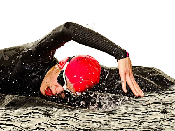 Kvinna Triathlon triathlet Ironman simmare simning baddräkt isolerad vit bakgrund — Stockfoto
