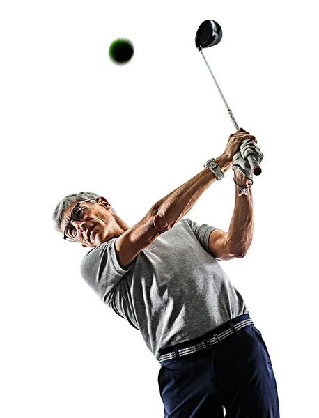 Senior Mann Golfer Golf Schatten Silhouette isoliert weißen Hintergrund — Stockfoto