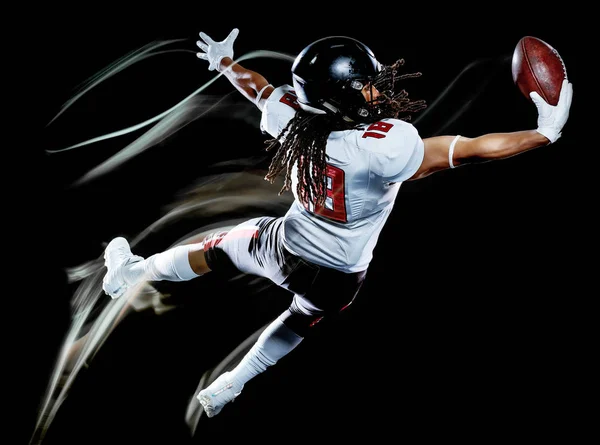 Americano fútbol jugador hombre aislado negro fondo luz pintura — Foto de Stock