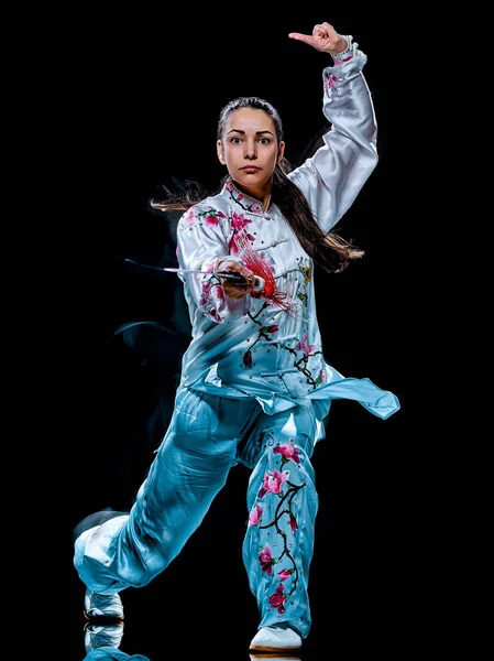 Woman Tai Chi Chuan Tadjiquan posture isolated black background light painting — Stock Photo, Image