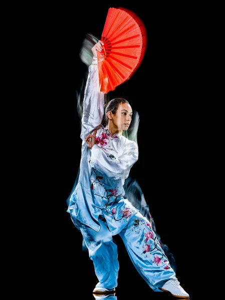 Kobieta Tai Chi Chuan tadjiquan postawy na białym tle malarstwo światło — Zdjęcie stockowe