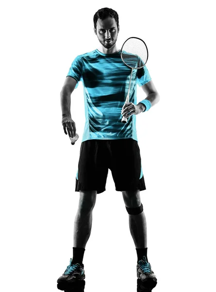 Badminton speler man schaduw silhouet geïsoleerd witte achtergrond — Stockfoto