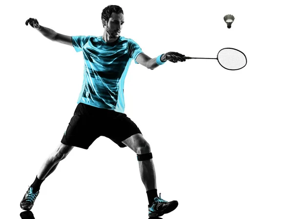 Badminton Player man Shadow Silhouette isolerad vit bakgrund — Stockfoto