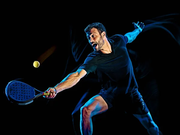 Paddel-Tennisspieler Mann Licht Malerei isoliert schwarzen Hintergrund — Stockfoto