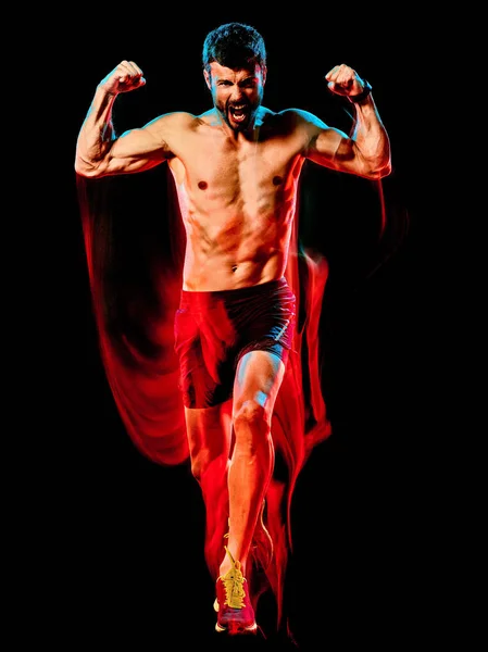 Hombre musculoso en topless corredor. running jogger jogging aislado negro fondo —  Fotos de Stock