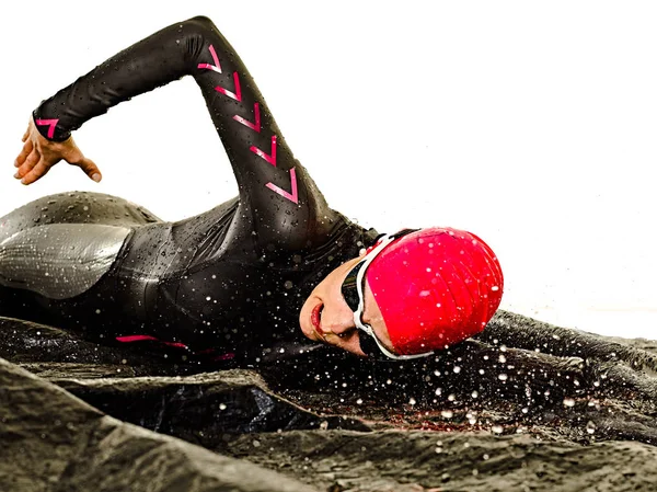 Женщина триатлон триатлон железный человек пловец купальник купальник изолированный белый фон — стоковое фото