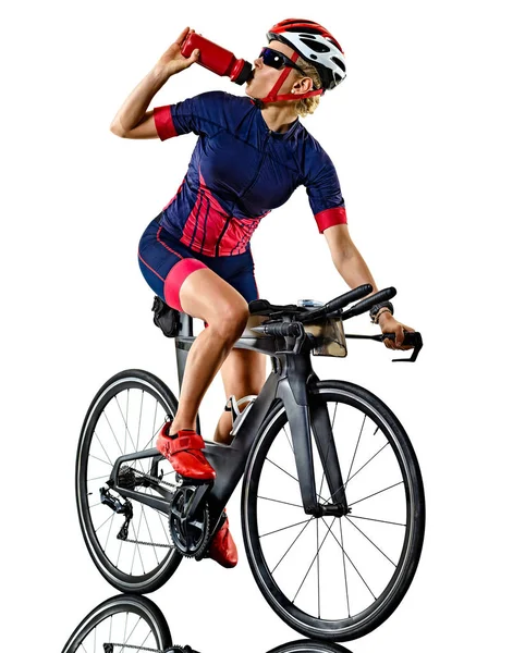 Nő triatlon triatlonban Ironman sportoló kerékpáros kerékpáros elszigetelt fehér háttér — Stock Fotó
