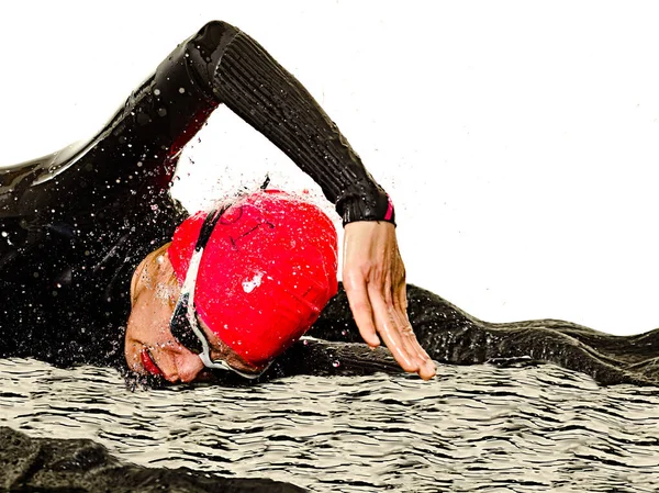 Woman triathlon triathlete ironman swimmer swimming swimsuit isolated white background — Stock Photo, Image