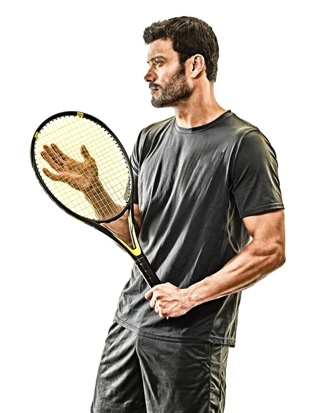 Volwassen tennis speler man geïsoleerde witte achtergrond — Stockfoto