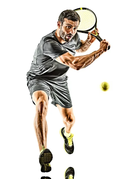 Reifen Tennisspieler Mann Rückhand Silhouette volle Länge isoliert weißen Hintergrund — Stockfoto