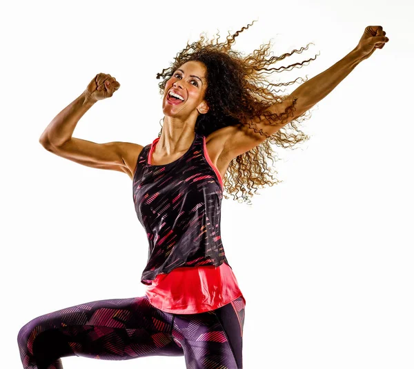 Frau Cardio-Tänzerin tanzt Fitness Fitness-Übungen isoliert weißen Hintergrund — Stockfoto