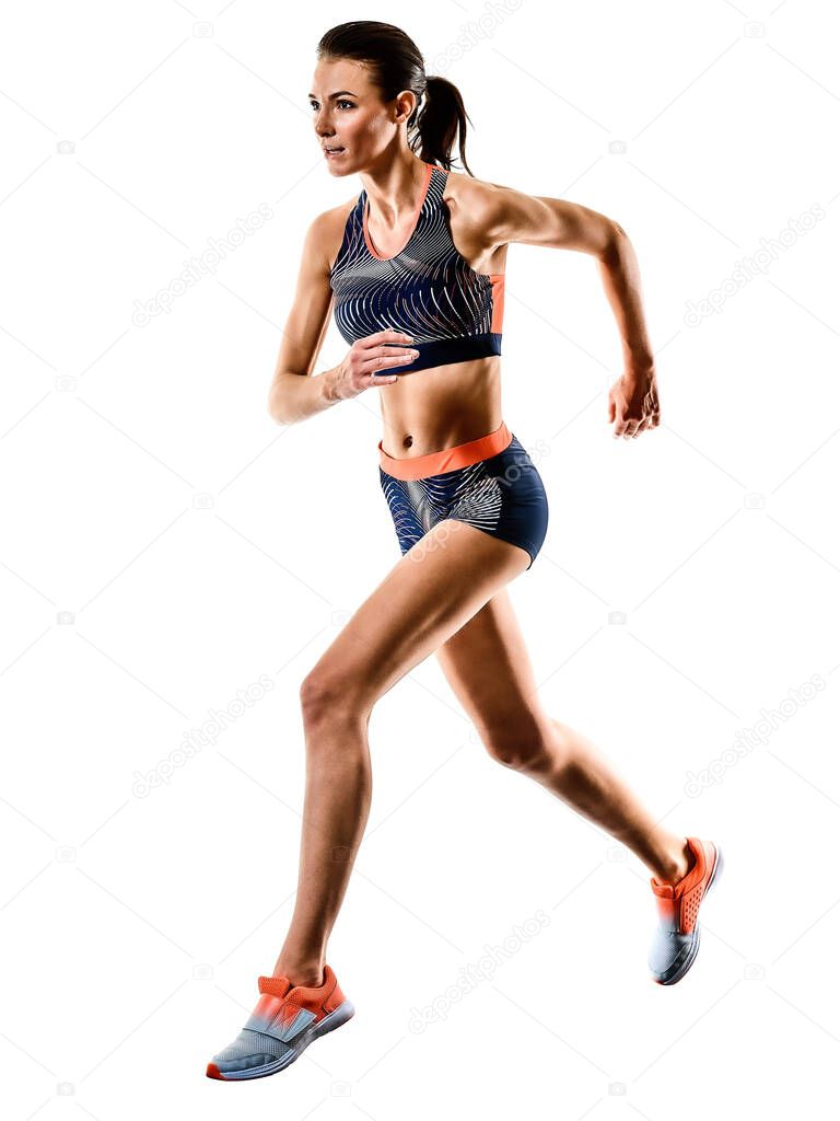 young woman runner running jogger jogging athletics isolated white background