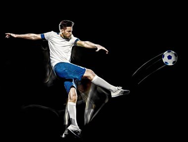 Kafkasyalı futbolcu siyah arka plan ışıklandırma resmini izole etti