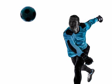 Futbolcu kaleci adam silueti gölgesi beyaz arkaplan izole