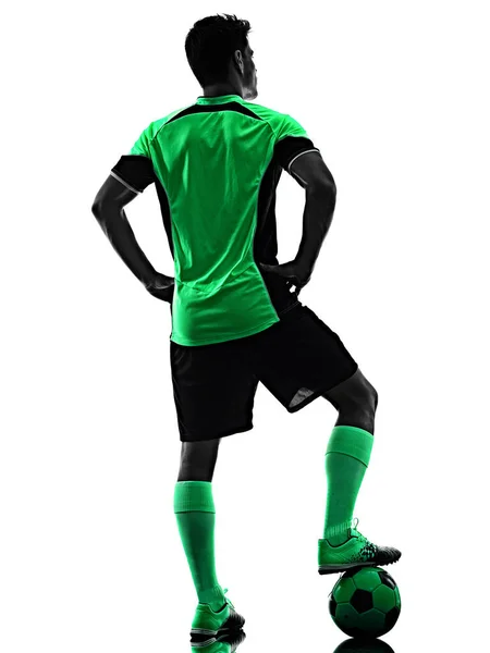 Jovem jogador de futebol homem silhueta sombra isolado fundo branco — Fotografia de Stock
