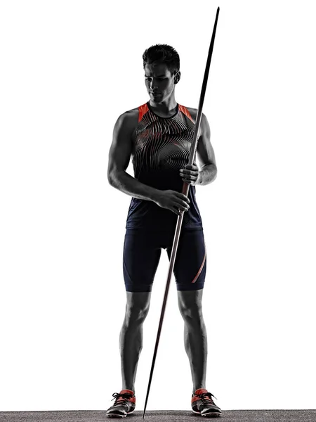 Junger Mann Leichtathletik Speerwerfer isoliert weißen Hintergrund — Stockfoto