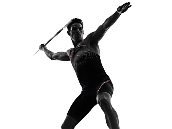 Jovem atleta atleta Javelin isolado fundo branco — Fotografia de Stock