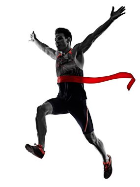 Genç adam atletizm koşucusu hızlı koşuyor izole beyaz arka planı var.