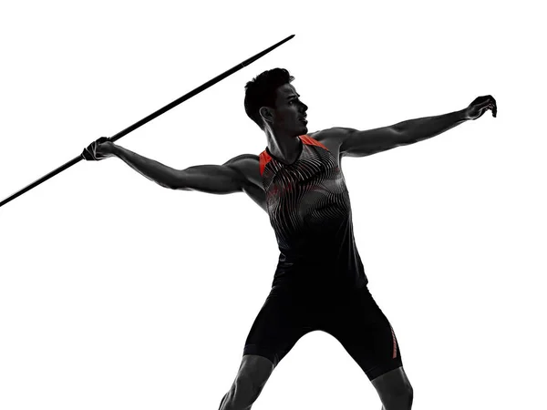 Jovem atleta atleta Javelin isolado fundo branco — Fotografia de Stock