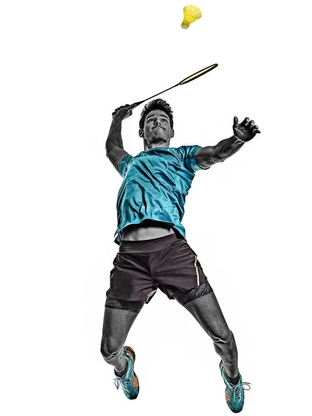 Badminton player νεαρός άνδρας απομονώνονται λευκό φόντο — Φωτογραφία Αρχείου