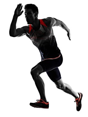 Genç adam atletizm koşucusu hızlı koşuyor izole beyaz arka planı var.