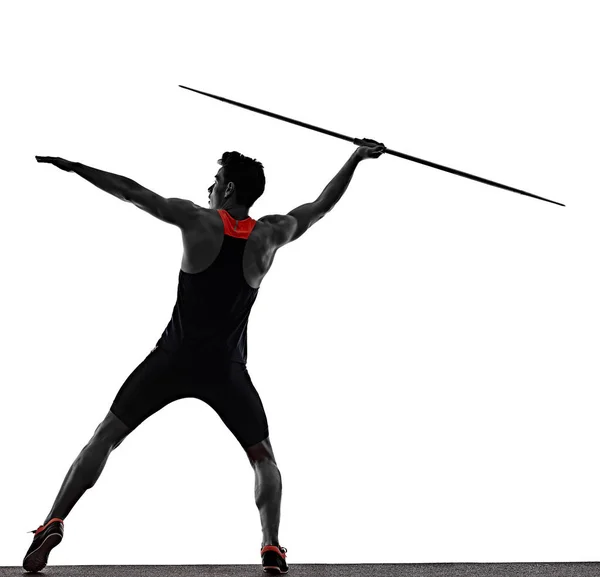 Jovem atleta atleta Javelin isolado fundo branco — Fotografia de Stock