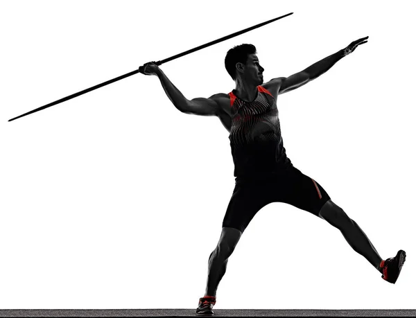 Jongeman atletiek Javelin atleet geïsoleerde witte achtergrond — Stockfoto