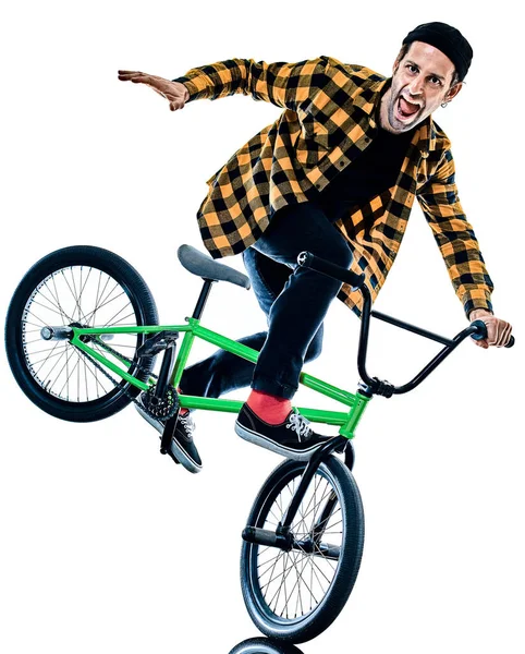 Bmx rider Radfahrer Radfahren Freestyle Akrobatik Stunt isoliert weißer Hintergrund — Stockfoto