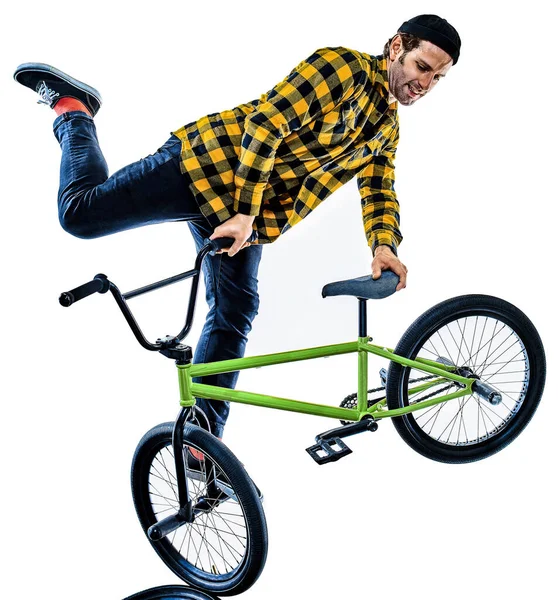 Bmx rider Radfahrer Radfahren Freestyle Akrobatik Stunt isoliert weißer Hintergrund — Stockfoto